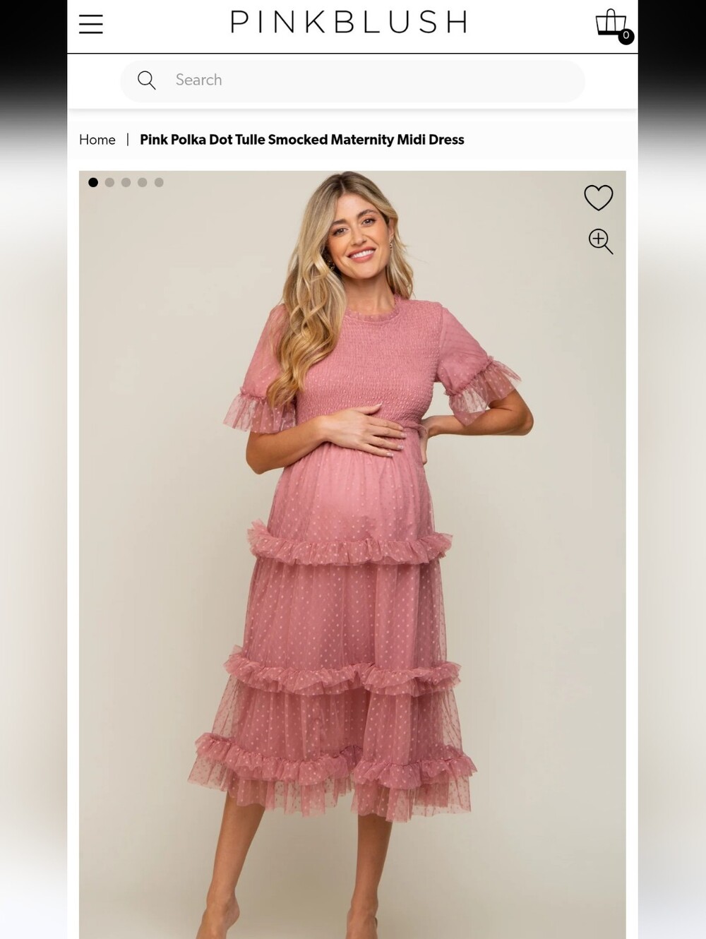 Pink Polka Dot Tulle Smocked Maternity Midi Dress
